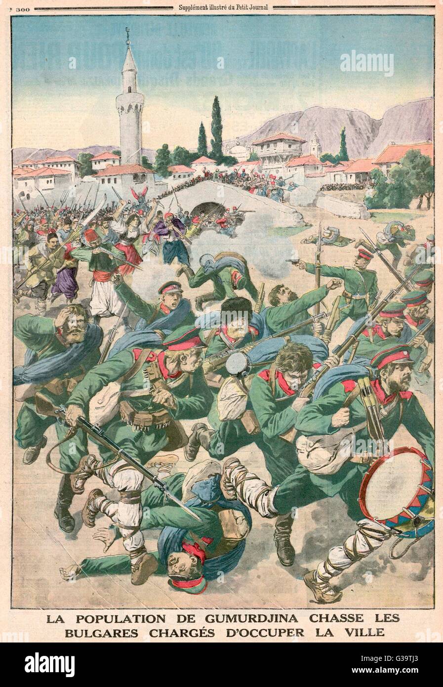 The inhabitants of Gumurdjina,  Makedonia, drive away the  invading Bulgarians        Date: September 1913 Stock Photo