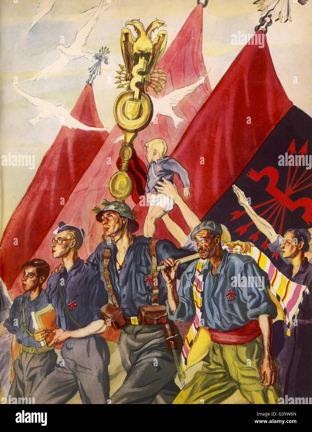 'La Falange' - supporters of  the Falangist (Spanish  fascist) party march forward  in unity      Date: 1937 Stock Photo