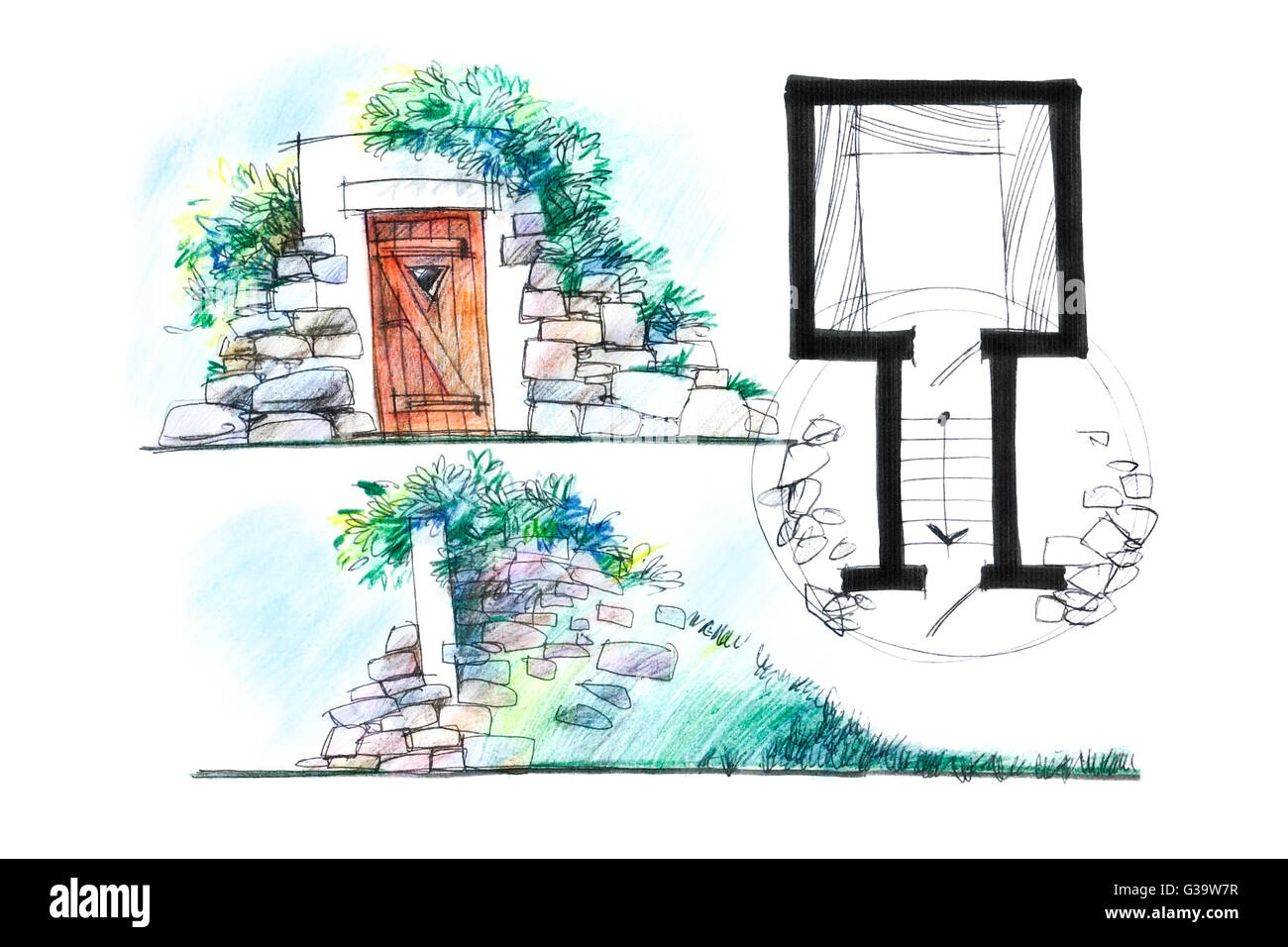 architect crayon sketch of a cellar for food storage in a country house from different angles Stock Photo