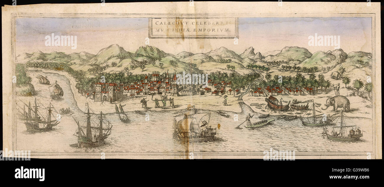 The European (Portuguese  trading) settlement at Calicut         Date: circa 1600 Stock Photo