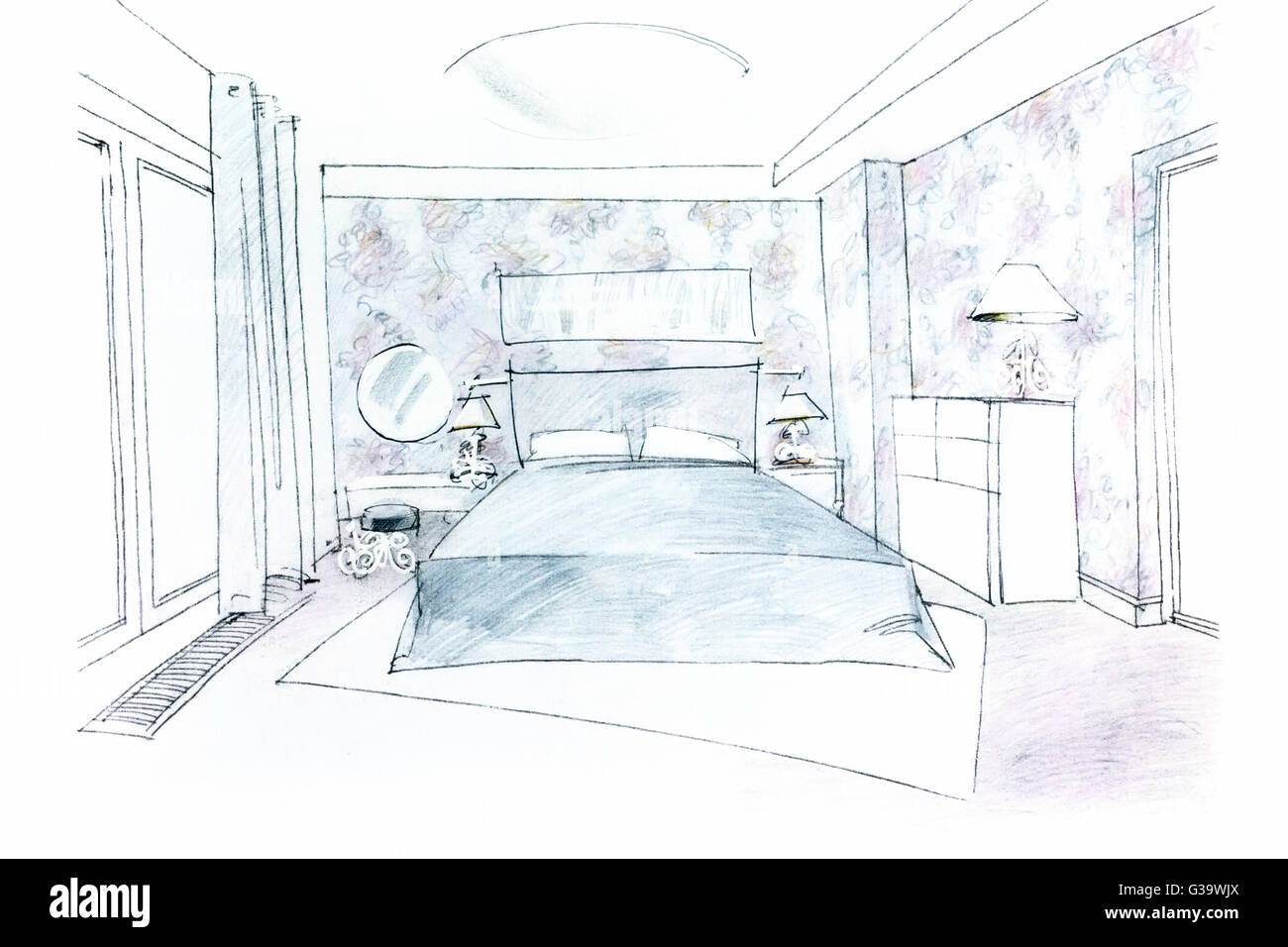 sketch of a roomy bedroom with a big bed and other furniture Stock Photo