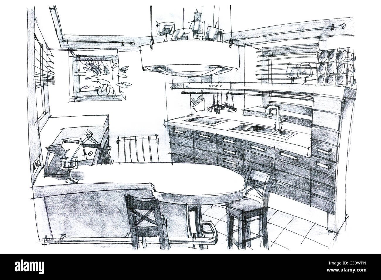 interior hand drawing perspective of a stylish modern kitchen in black and  white with furniture Stock Photo - Alamy