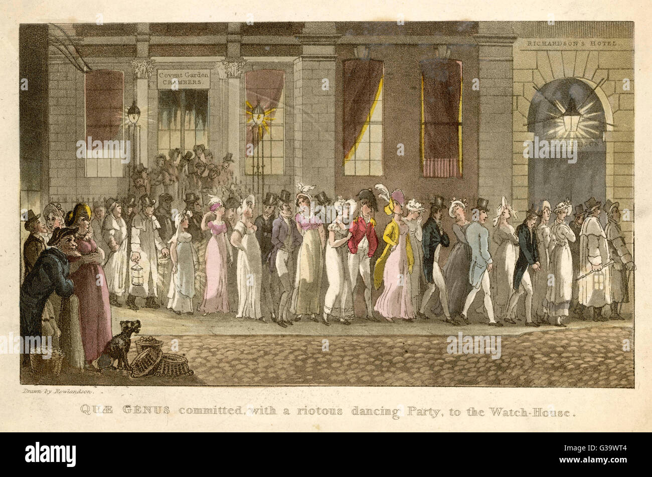 Quae Genus committed, with a  riotous dancing Party, to the  Watch-House.       Date: 1821 Stock Photo