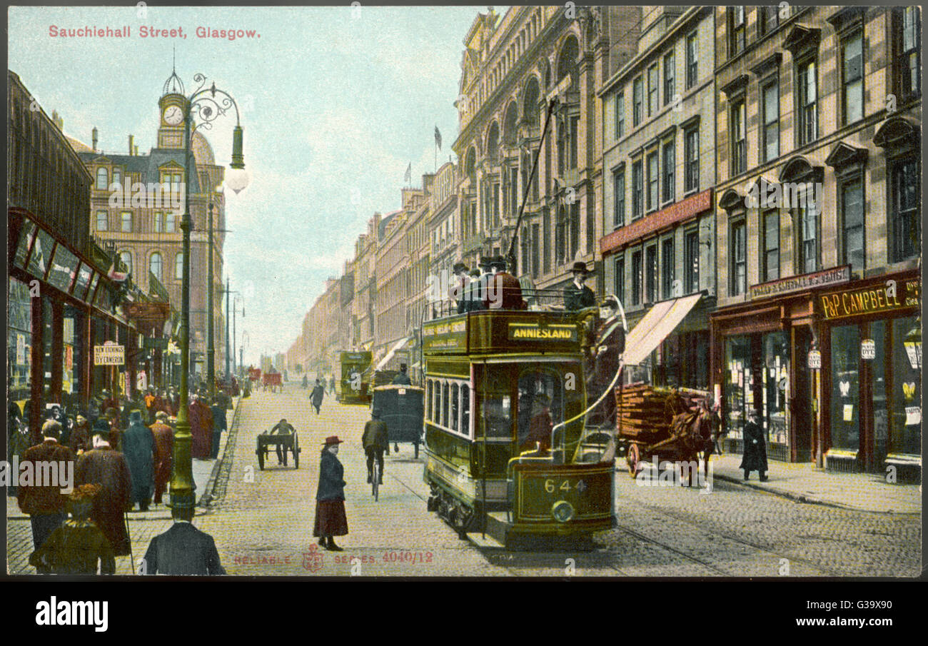 Sauchiehall Street - electric tram, horse-drawn  wagon        Date: circa 1907 Stock Photo