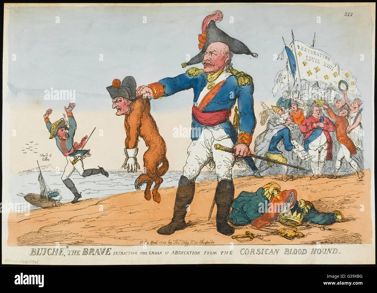 'Blucher the Brave extracting  the Groan of Abdication from  the Corsican Bloodhound'        Date: 1814 Stock Photo