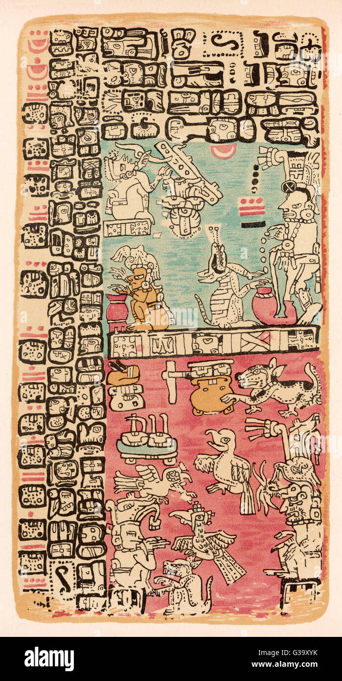 Part of a Calendar used by  Maya priests, depicting gods  and symbolic creatures Plate xx       Date: circa 1500 Stock Photo