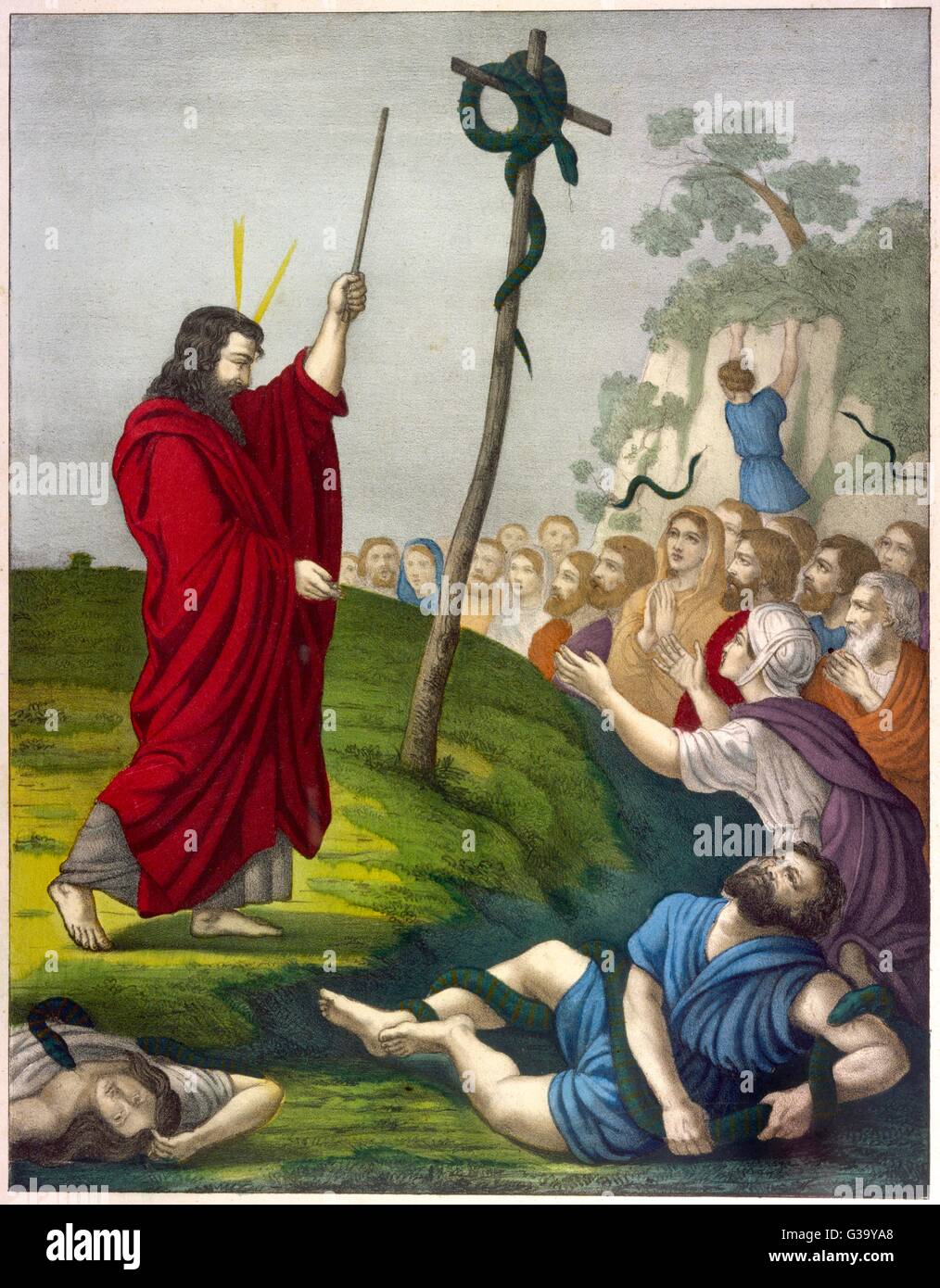 When the Israelites are  stricken by plague, Moses sets  up a bronze serpent - a traditional symbol symbolising God's power to heal them Stock Photo