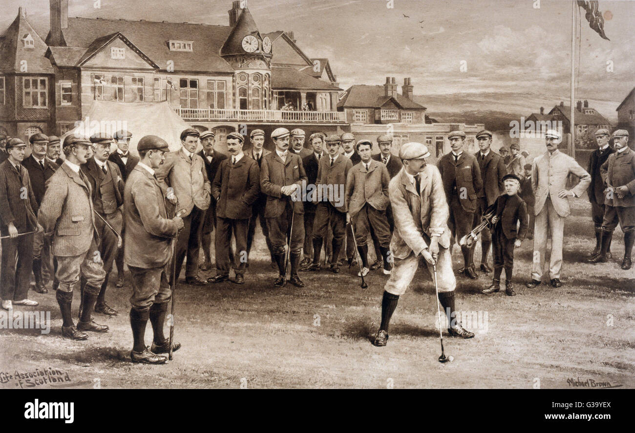 The first international golf  match - England v Scotland at  Hoylake : Robert Maxwell is  about to drive for Scotland,  while John Ball junior  (England) is nearest left     Date: 1902 Stock Photo