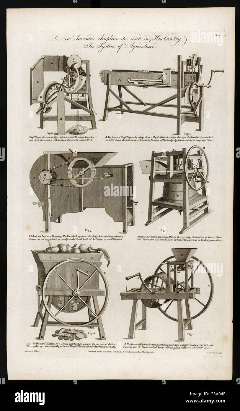 'New Invented Implements used  in Husbandry' - cutting,  winnowing, threshing, cutting  and grinding machines illustrative of the revolution  in farming then proceeding     Date: 1789 Stock Photo