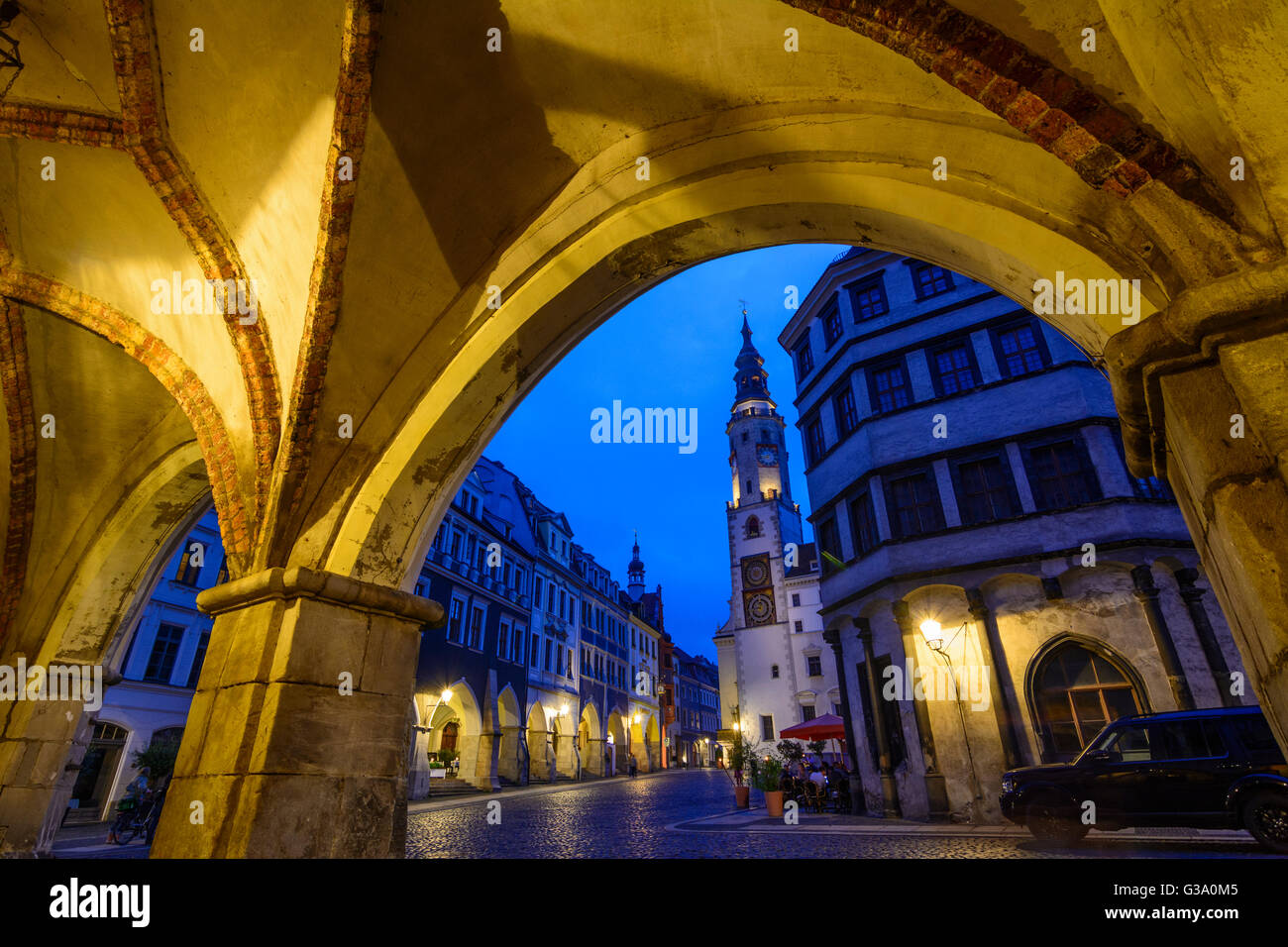 Untermarkt with town hall, looking through arcades, Germany, Sachsen, Saxony, , Görlitz Stock Photo