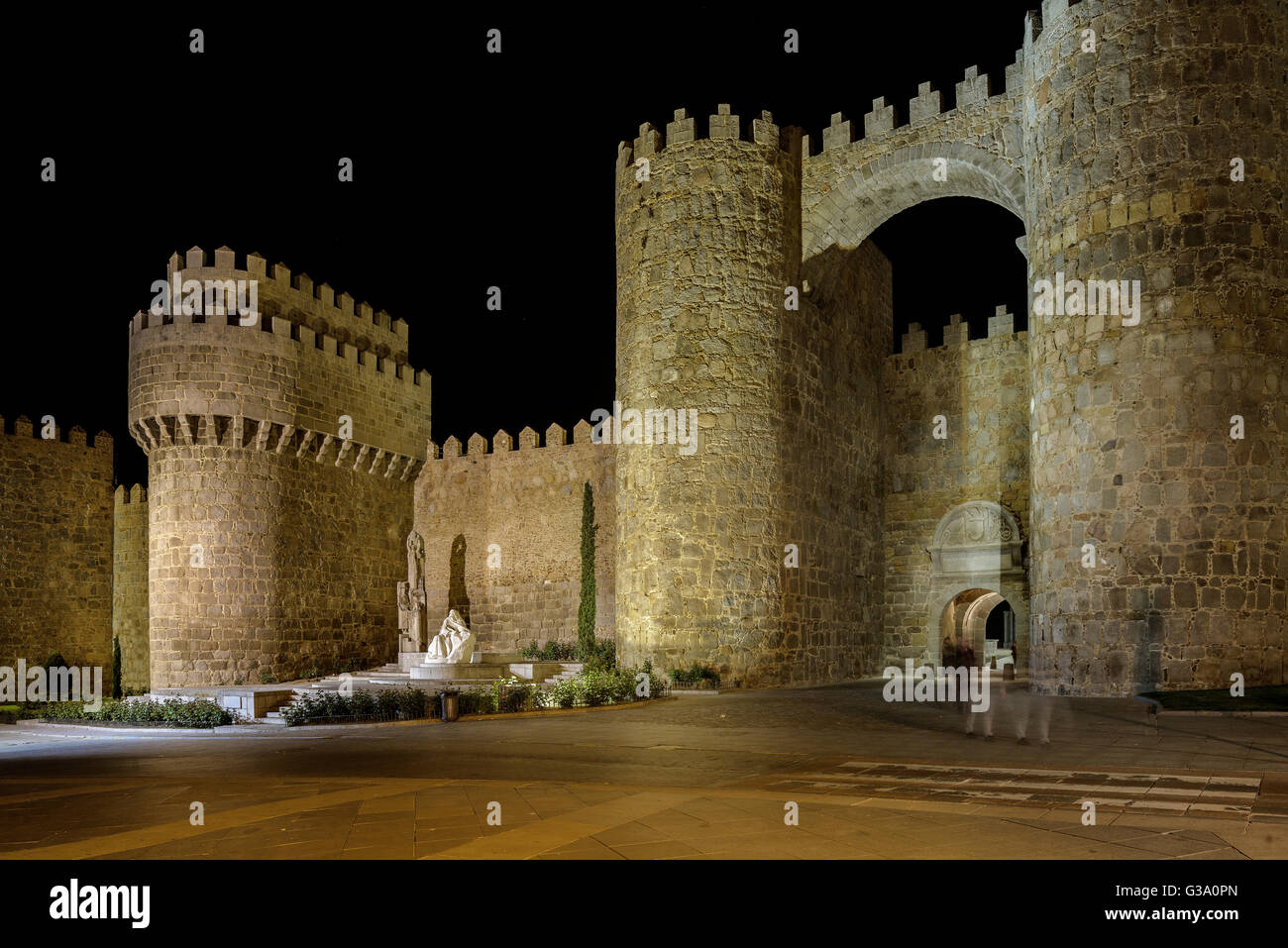 Plaza of Santa Teresa and gate Alcazar in the wall of the city of Avila, Castile and Leon, Spain, Stock Photo