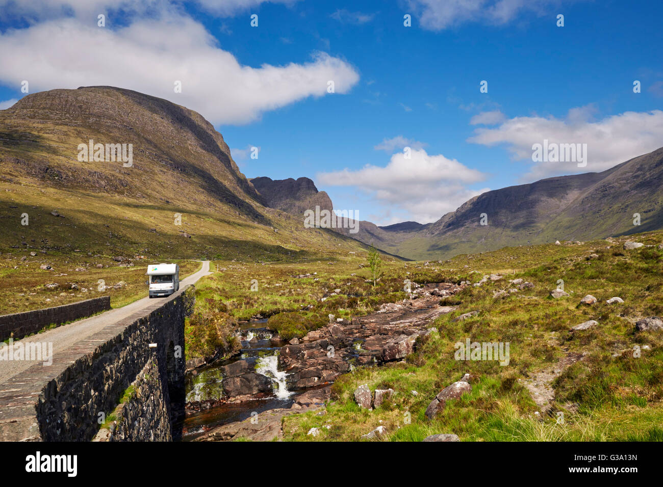 Motor caravan descending the road from Bealach Na Ba.  Applecross Peninsula, Ross and Cromarty, Scotland. Stock Photo