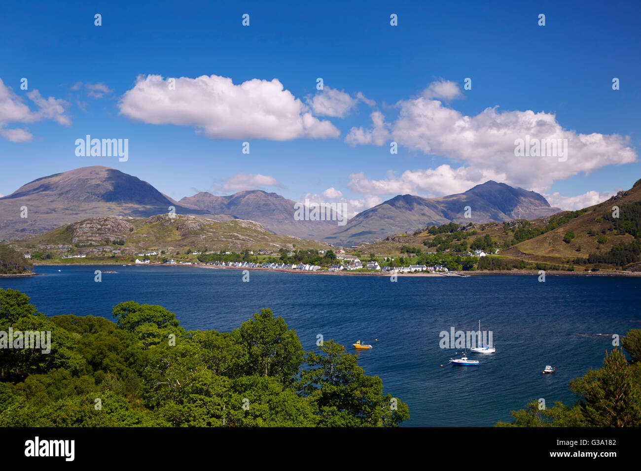 View over Loch Shieldaig to village of Shieldaig. Applecross Peninsula, Ross and Cromarty, Scotland. Stock Photo