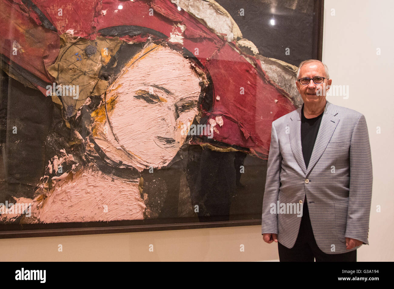 London, UK. 9 June 2016. Pictured: Spanish artist Manolo Valdes at the exhibition with his painting Cranach como pretexto, 2016. Marlborough Fine Art present the exhibition Manolo Valdes: Recent Work, Paintings & Sculptures from 10 June to 16 July 2016. Stock Photo