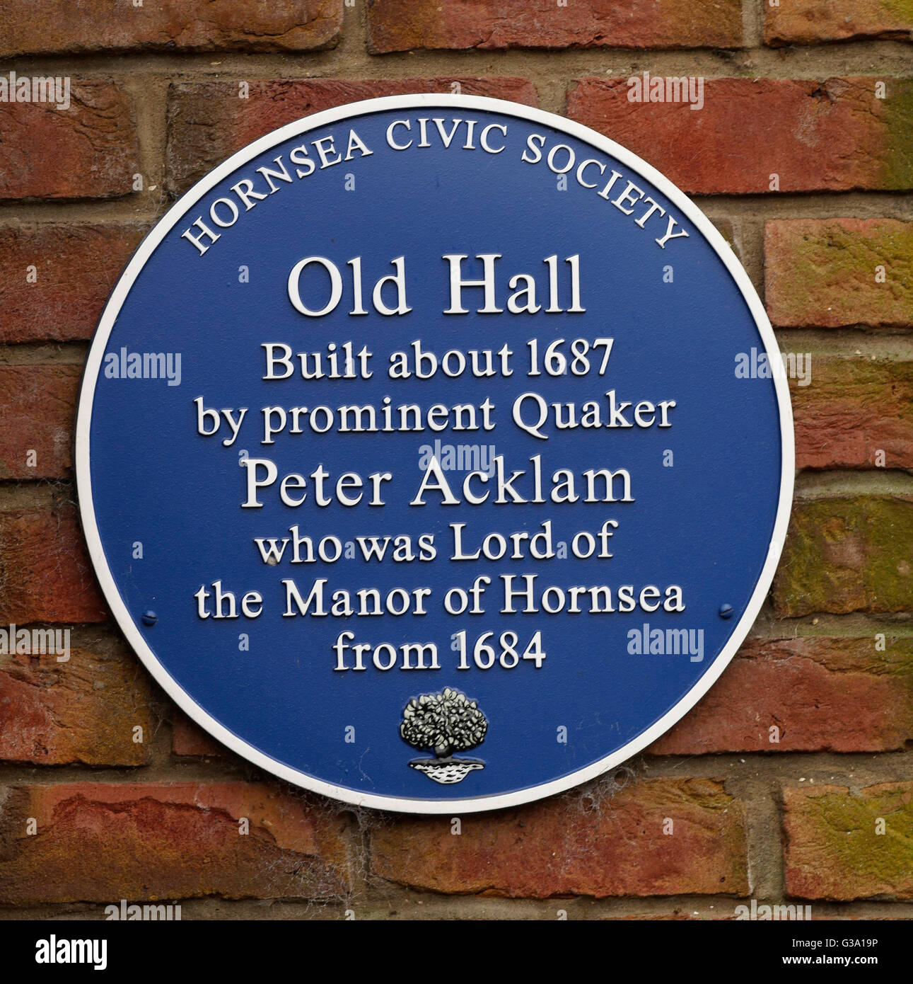 Hornsea Civic Trust Blue Plaque commemorating Old Hall, Built by Peter Acklam, Hornsea, East Yorkshire, England, UK. Stock Photo