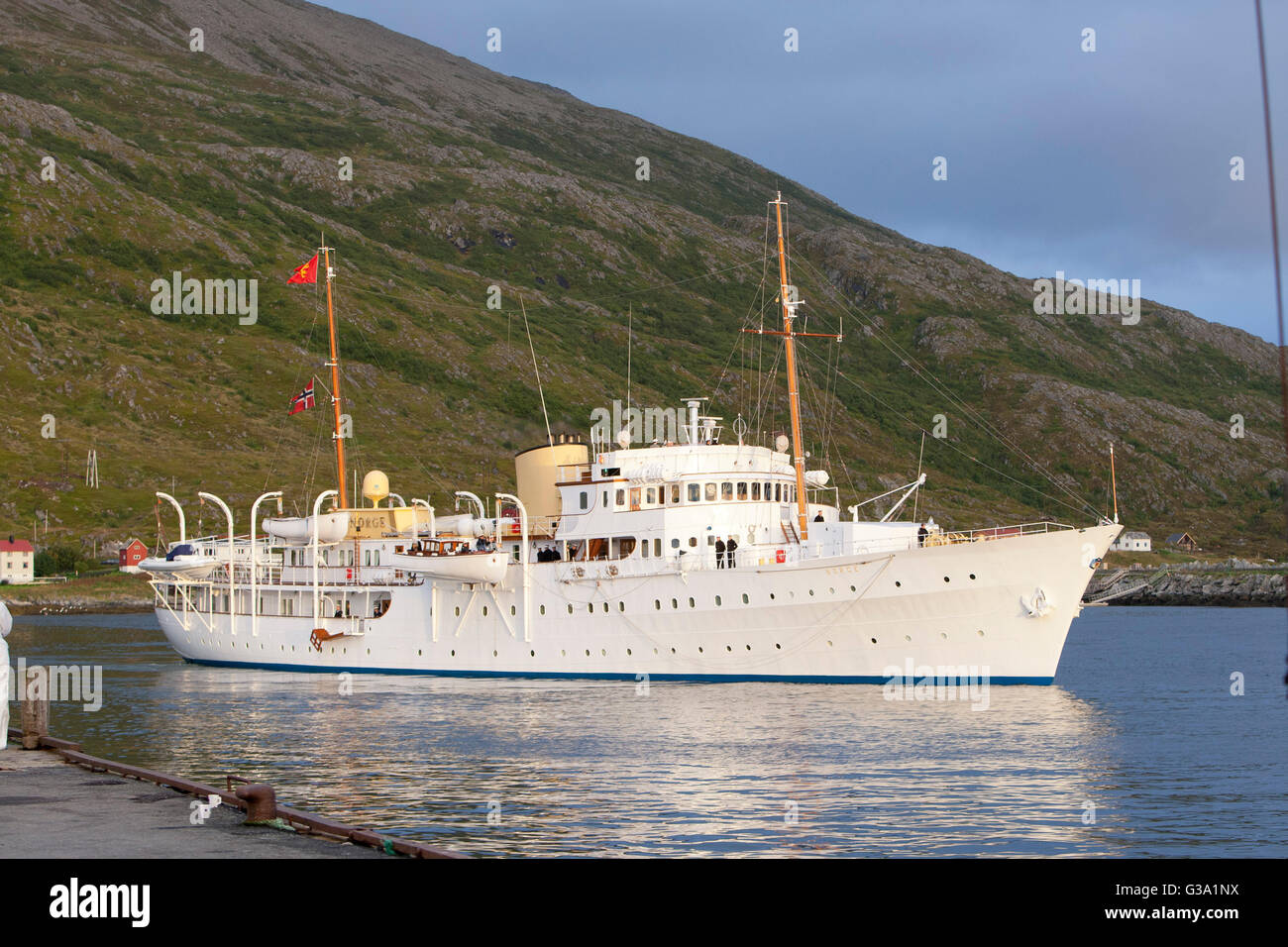 The Norwegian Royal Yacht, KS Norge, during a Royal visit to Torsvag. in North Troms county, Stock Photo