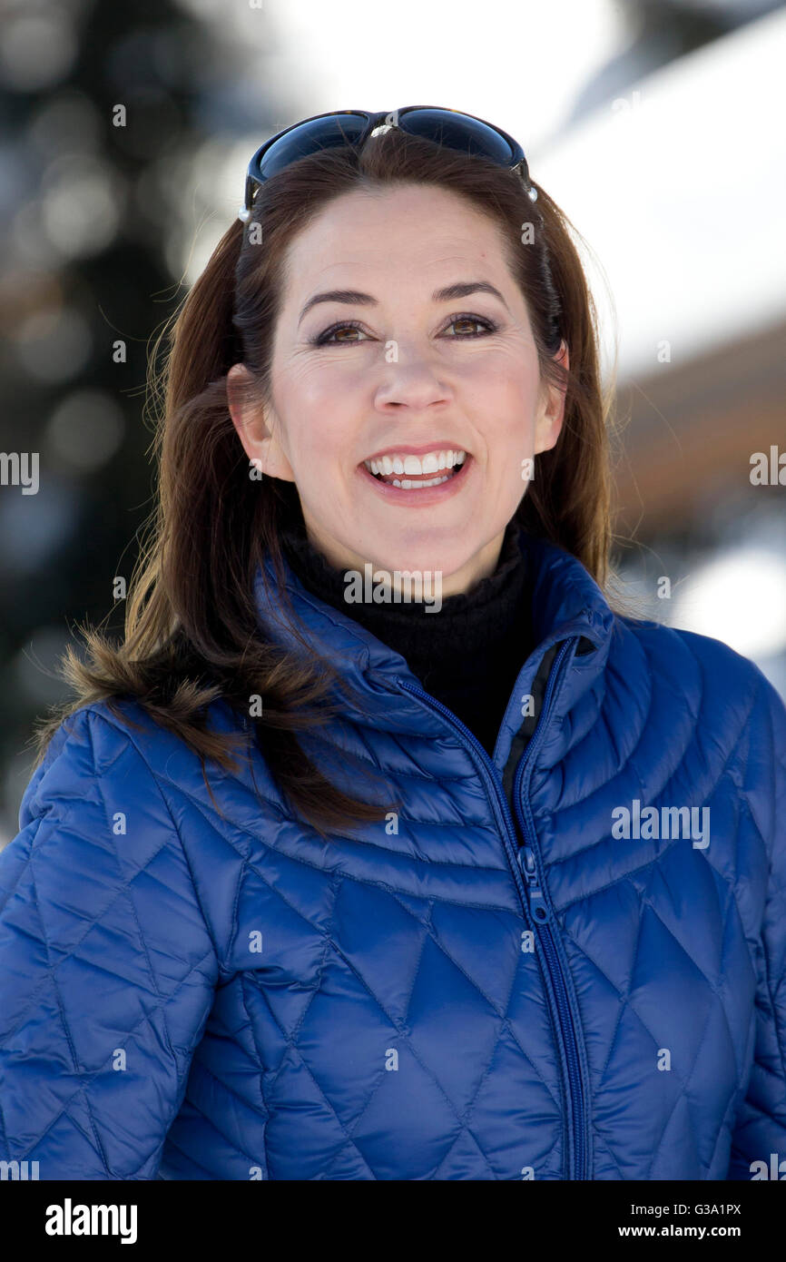 Crown Princess Mary of Denmark attends a Photocall during her annual Ski holiday, in Verbier, Switzerland. Stock Photo