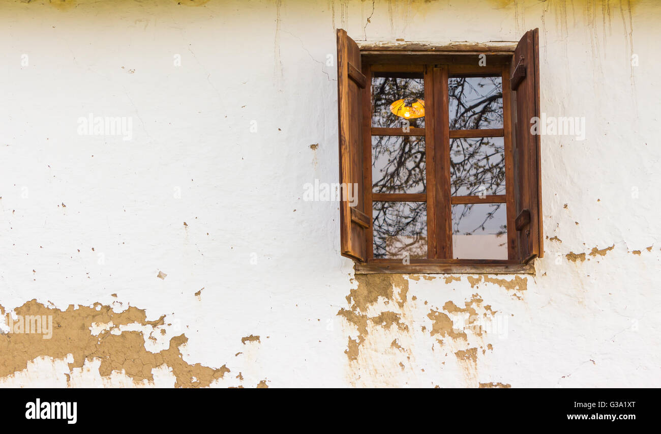 wooden window on the old upholstered wall Stock Photo - Alamy