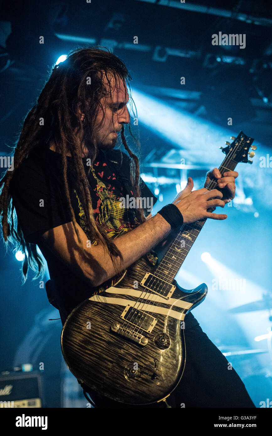 Nonpoint guitarist BC Kochmit performing in Reading, UK. Tapping his Paul Reed Smith guitar during song Breaking Skin. Stock Photo