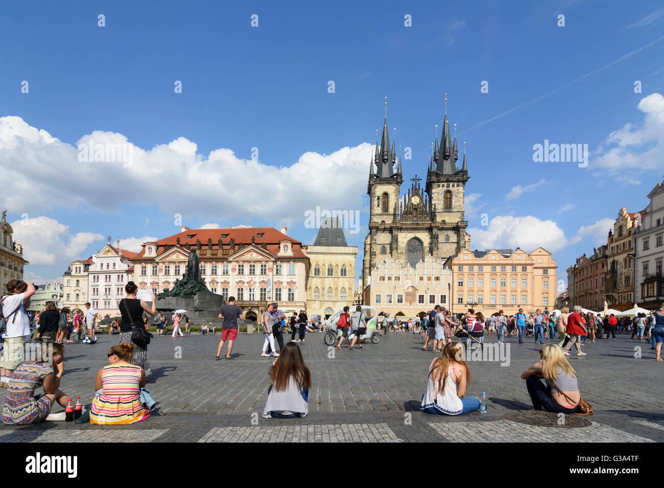 Old Town Square with Jan Hus monument and Tyn Cathedral, Czech Republic, Praha, Prag, Prague, , Praha (Prag), Prague Stock Photo