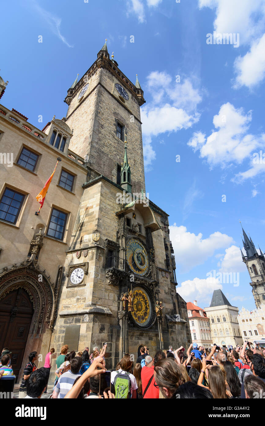 Old Town Square with Astronomical Clock on Old Town Hall and Tyn Church, Czech Republic, Praha, Prag, Prague, , Praha (Prag), Pr Stock Photo