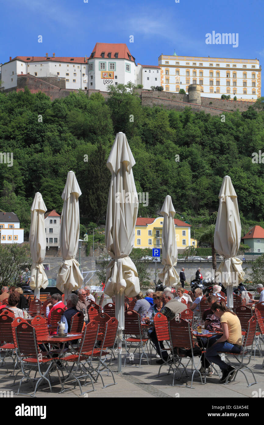 Germany, Bavaria, Passau, Rathausplatz, cafe, people, Oberhaus, Stock Photo