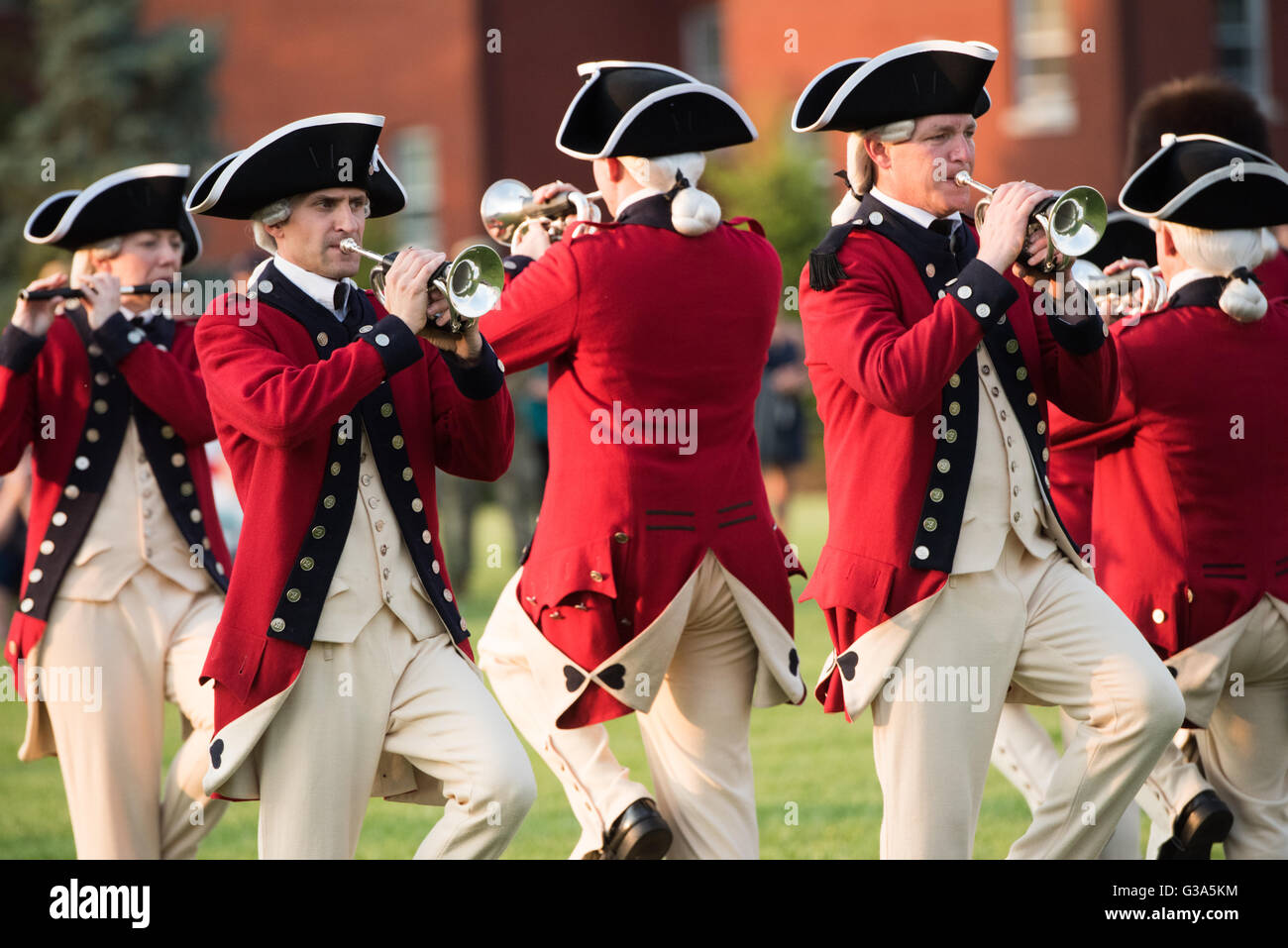 ARLINGTON, Virginia, USA - The U.S. Army's Twilight Tattoo is held on Tuesday evenings in the summer at Joint Base Myer-Henderson Hall in Arlington, Virginia. The event features various Army regiments and personnel, with live music, marching bands, and historical reenactments. Stock Photo