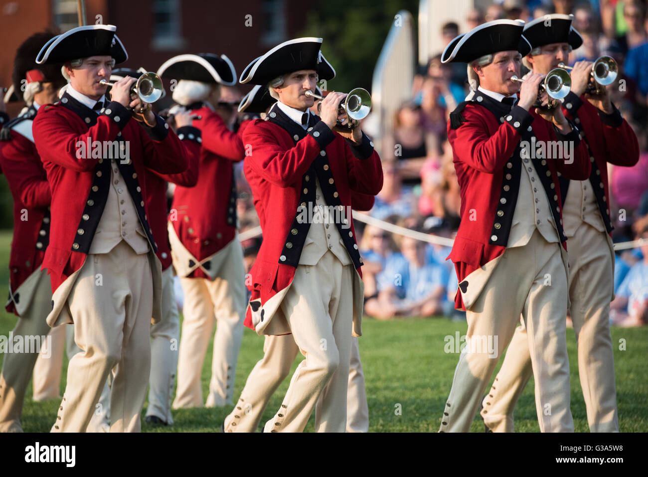 ARLINGTON, Virginia, USA - The U.S. Army's Twilight Tattoo is held on Tuesday evenings in the summer at Joint Base Myer-Henderson Hall in Arlington, Virginia. The event features various Army regiments and personnel, with live music, marching bands, and historical reenactments. Stock Photo