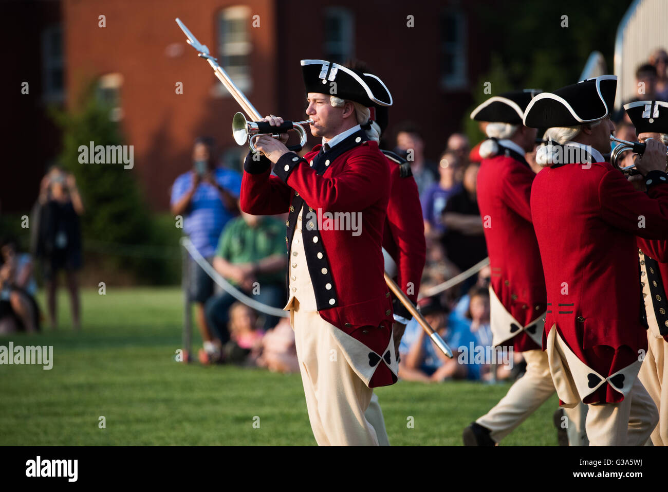 ARLINGTON, Virginia, USA - The U.S. Army's Twilight Tattoo is held on Tuesday evenings in the summer at Joint Base Myer-Henderson Hall in Arlington, Virginia. The event features various Army regiments and personnel, with live music, marching bands, and historical reenactments. Stock Photo