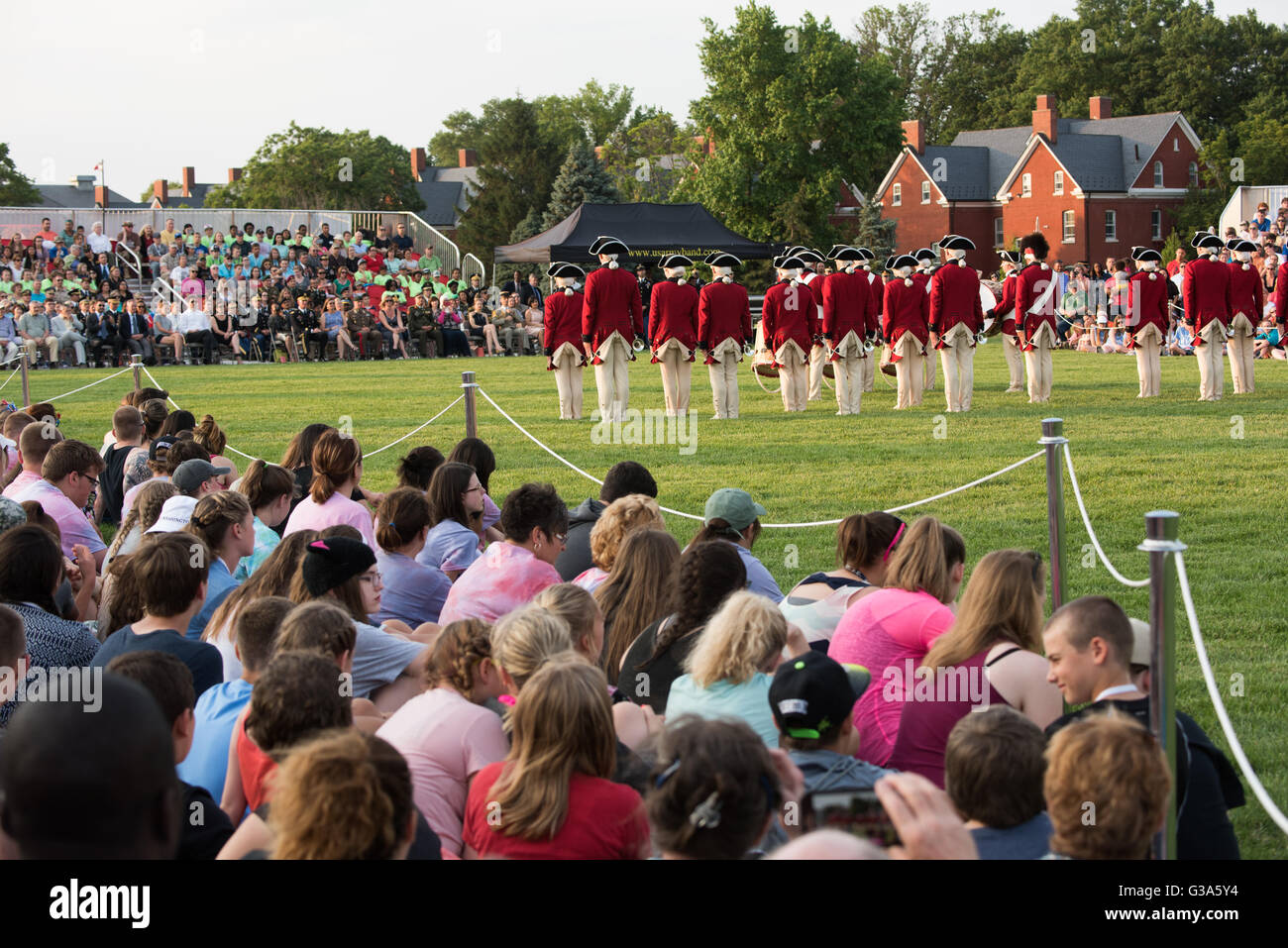 ARLINGTON, Virginia, USA - The U.S. Army's Twilight Tattoo is held on Tuesday evenings in the summer at Joint Base Myer-Henderson Hall in Arlington, Virginia. The event features various Army regiments and personnel, with live music, marching bands, and historical reenactments. Stock Photo