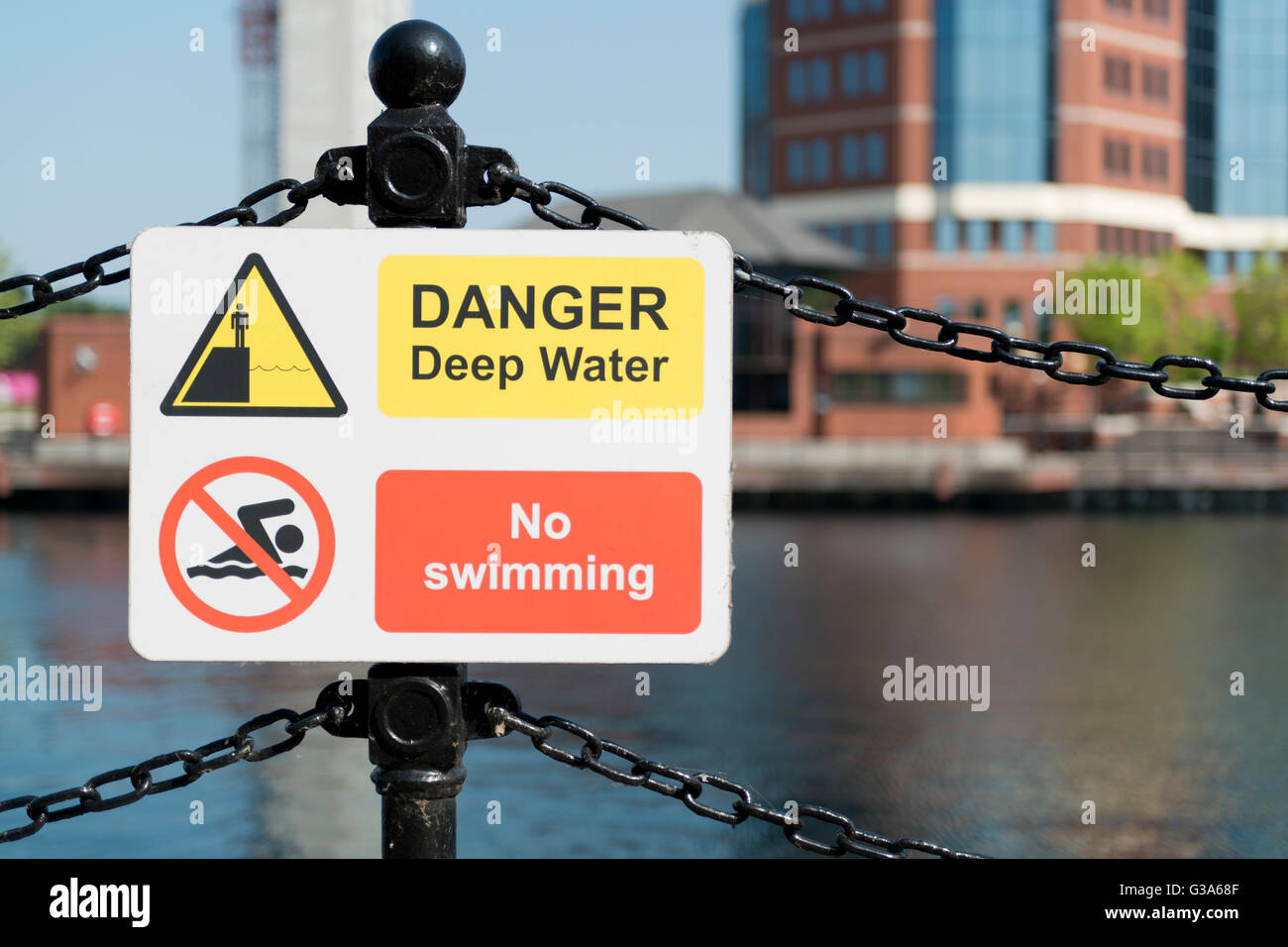 A sign which reads Danger Deep Water No Swimming by the Erie Basin in Salford Quays in Greater Manchester. Stock Photo