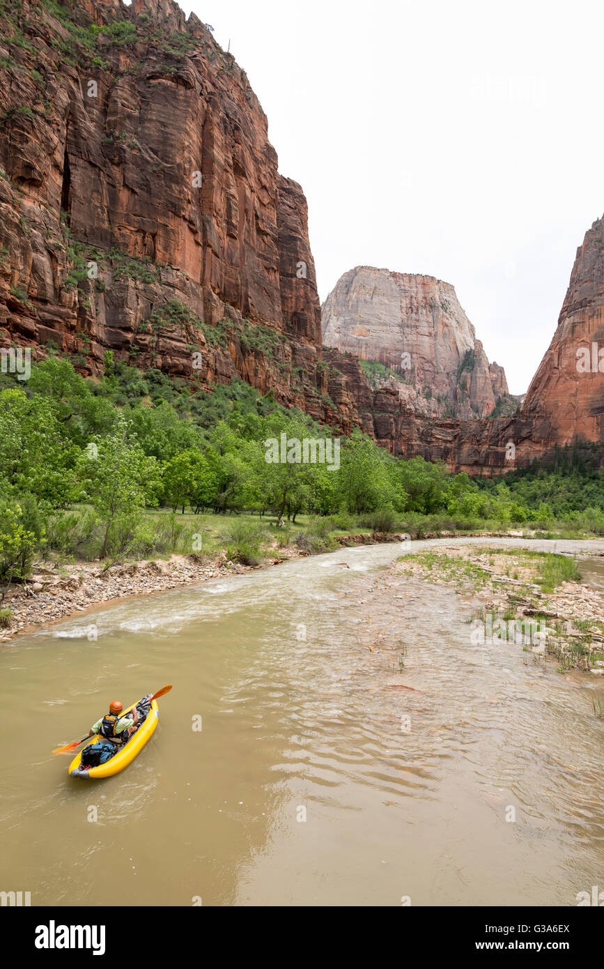 Paddling an inflatable kayak on the North Fork Virgin River in Zion