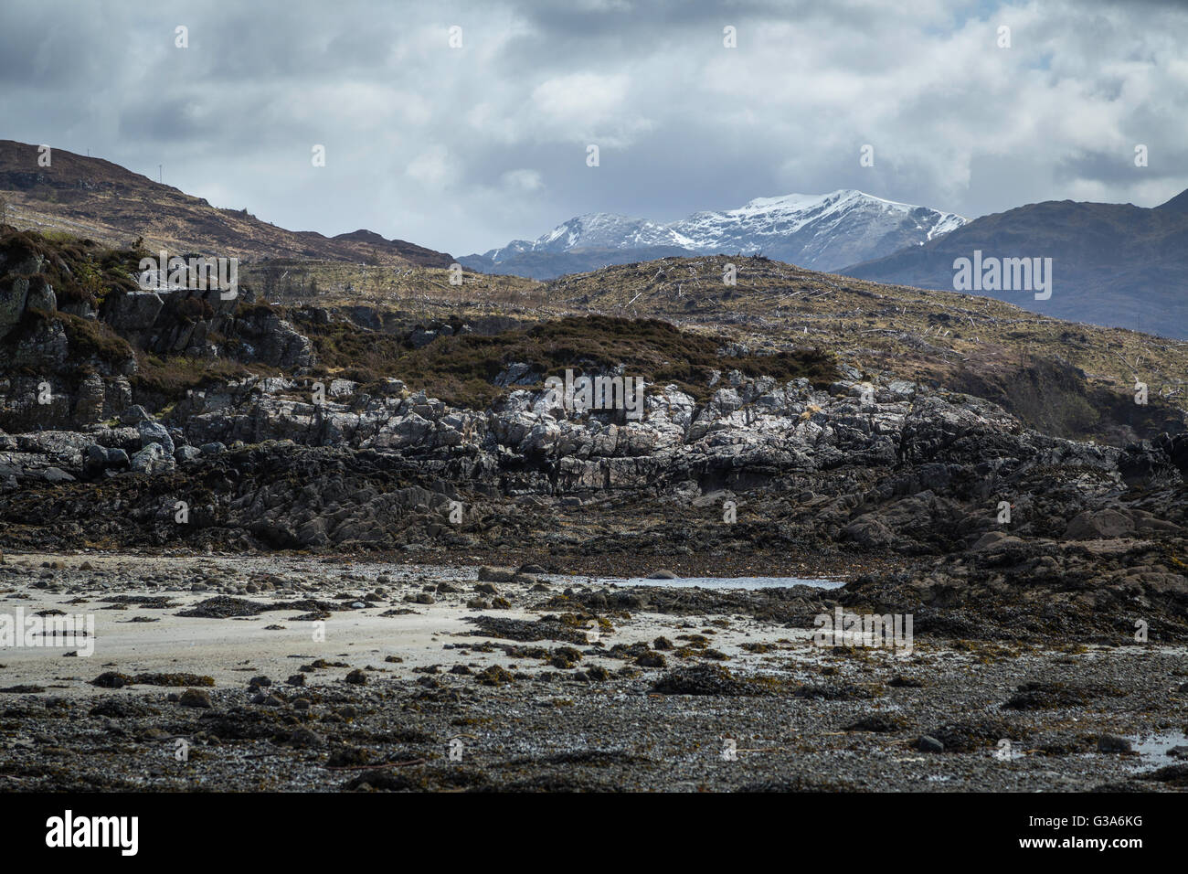 Snow covered mountains of the Knoydart peninsular from Sandaig bay