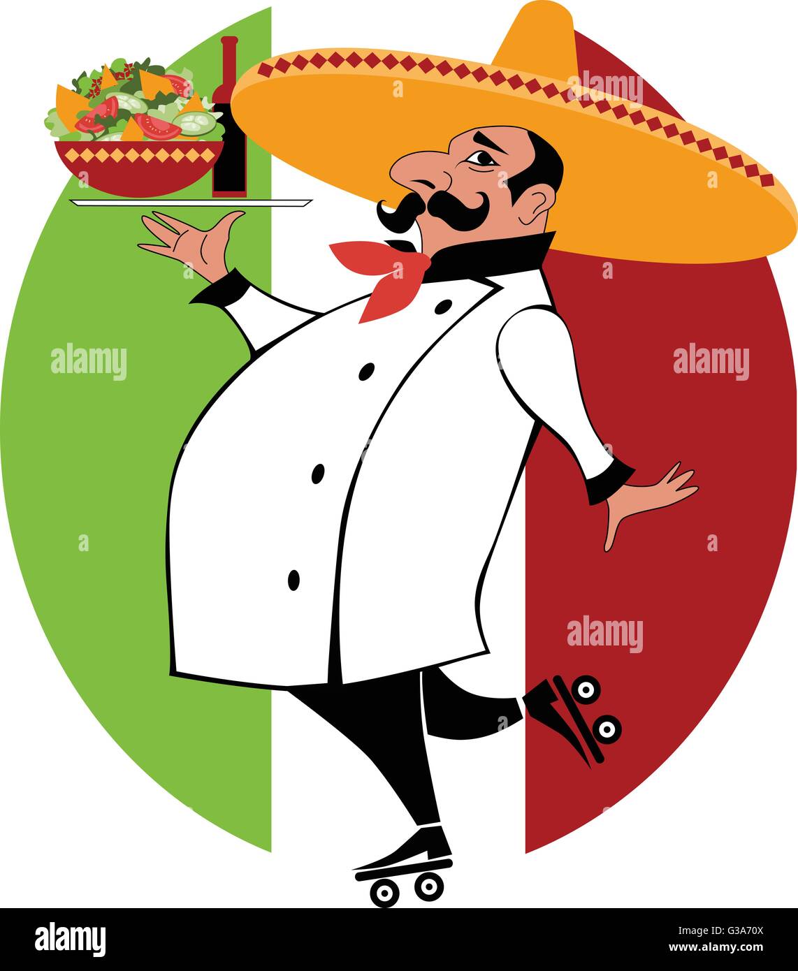 Vector cartoon of a Mexican chef in chef uniform and sombrero on roller skates delivering a tray with food Stock Vector