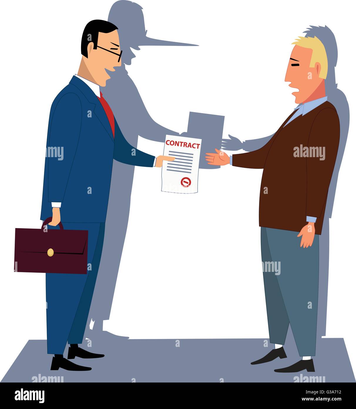 Misleading contract. Businessman handling a contract to a customer, his shadow showing a long lair's nose, vector illustration Stock Vector