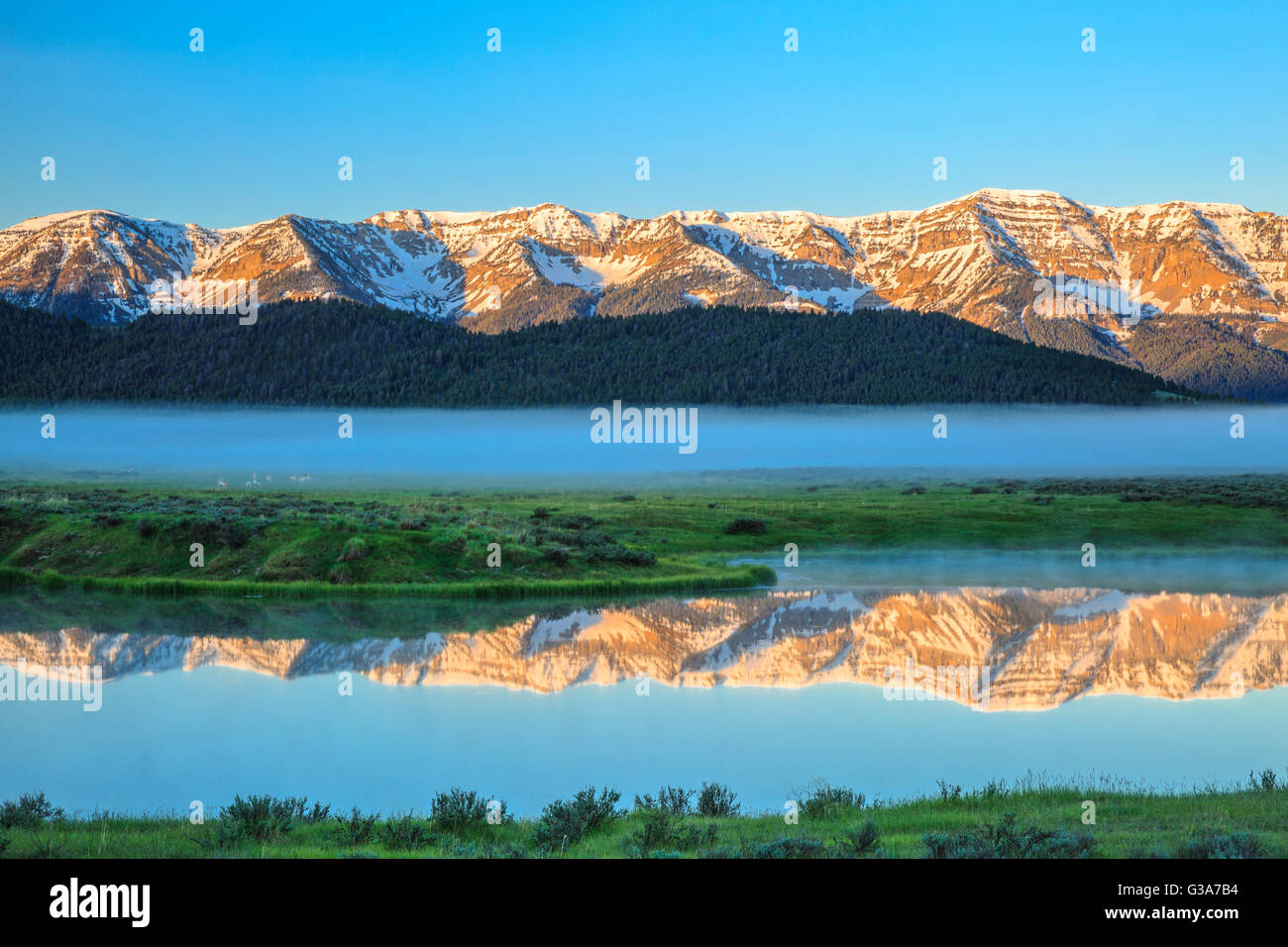 mist rising from culver pond below the centennial mountains at red rock lakes national wildlife refuge near lakeview, montana Stock Photo