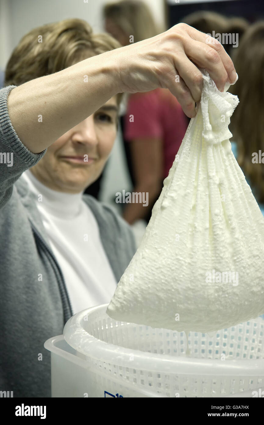 Woman draining the feta cheese curds during a cheesemaking class in Fall City, Washington, USA