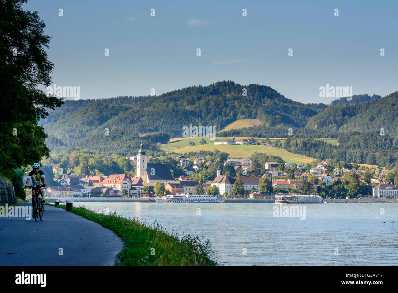Cyclists on the Danube Bike Path and cruise ships on the Danube before Grein, Austria, Oberösterreich, Upper Austria, Donau, Gre Stock Photo