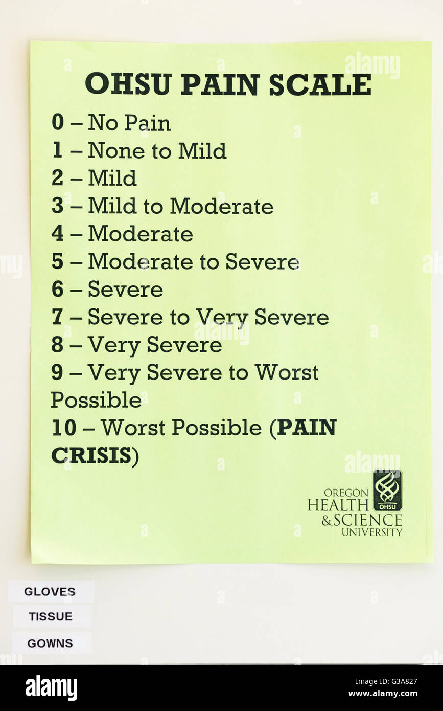 Pain Scale in a room in Oregon Health Sciences University in Portland, Oregon. Stock Photo