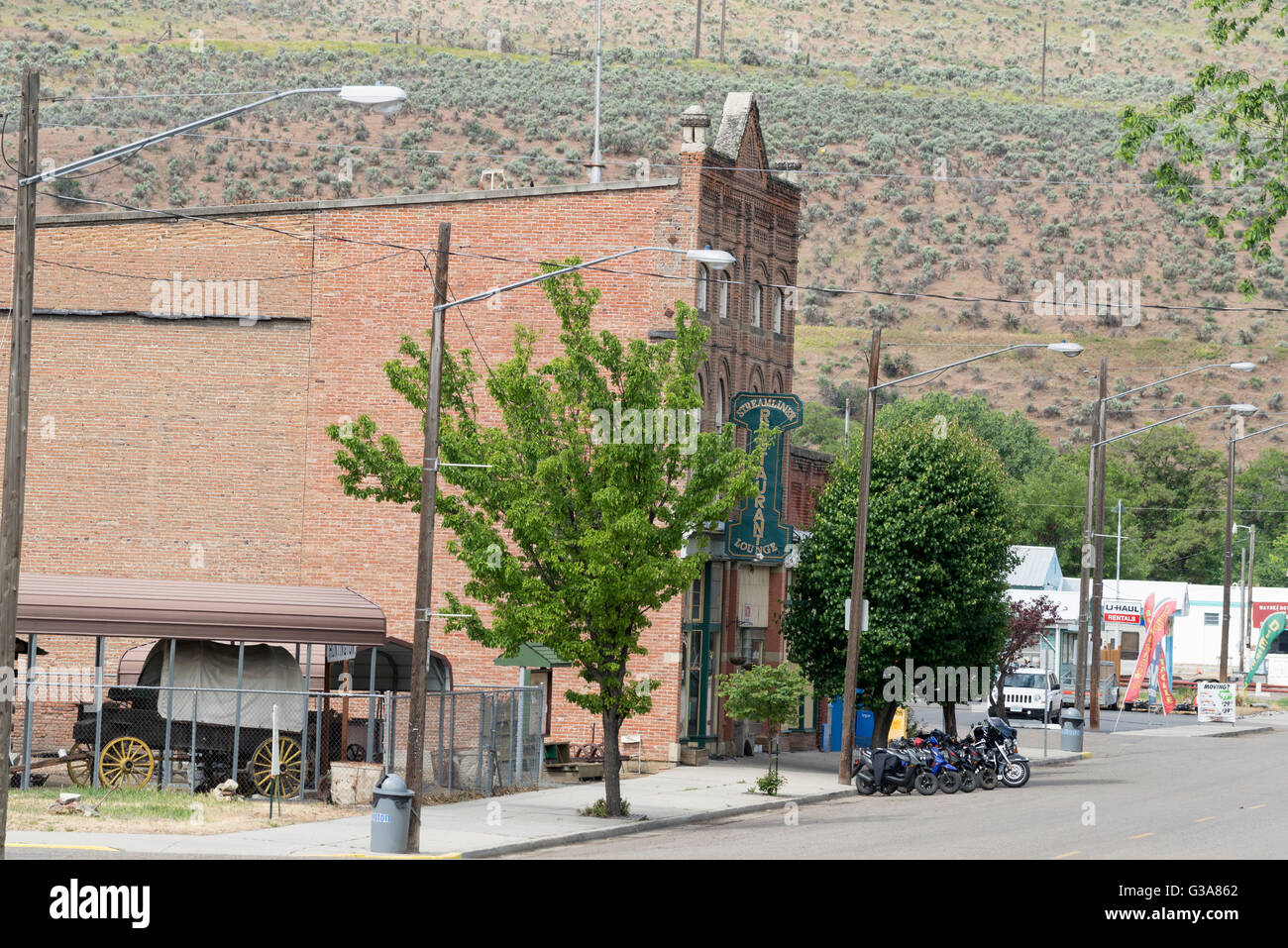 Main street in the small town of Huntington, Oregon. Stock Photo