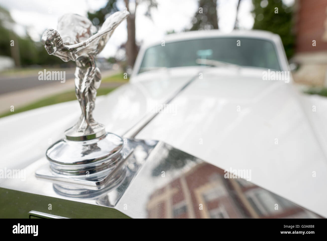 The Spirit of Ecstasy hood ornament on a Rolls-Royce in Union, Oregon. Stock Photo