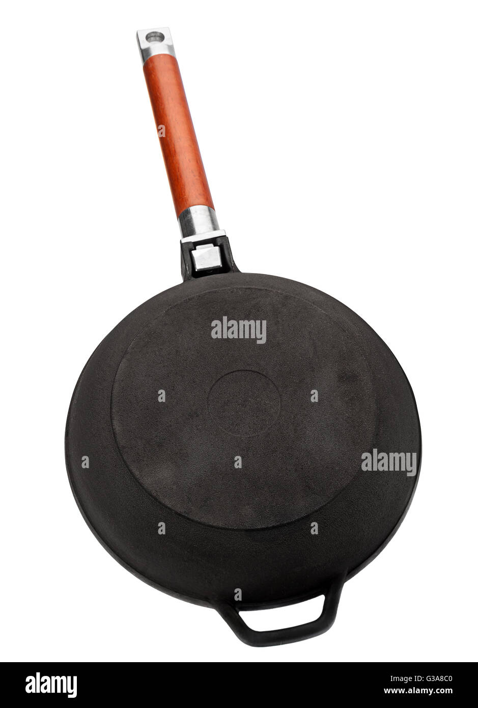 Cast iron pan with wooden handle isolated on white Stock Photo Alamy