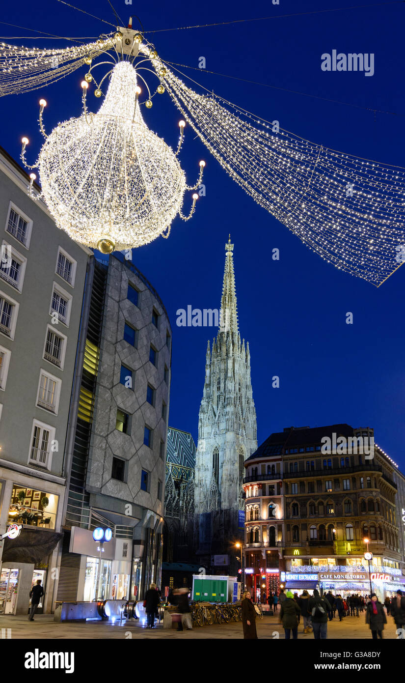 Downtown pedestrian Graben with lights for Christmas, cathedral St. Stephan, Austria, Wien, 01., Wien, Vienna Stock Photo