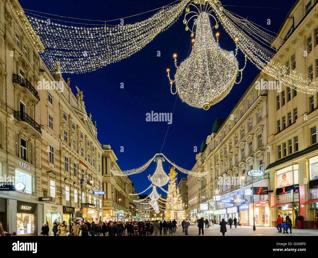 Downtown pedestrian Graben with lights for Christmas, Austria, Wien, 01., Wien, Vienna Stock Photo