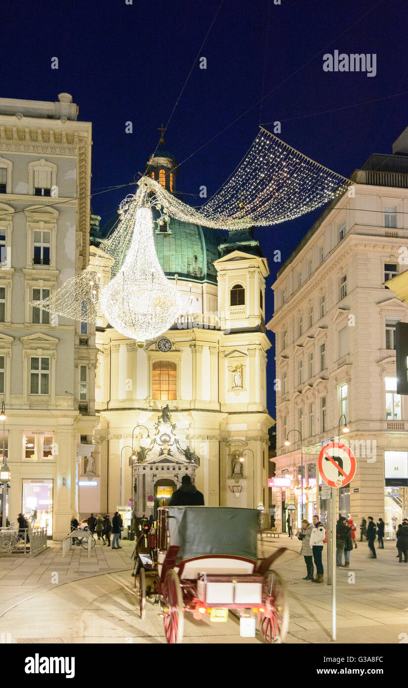 Downtown pedestrian Graben with lights for Christmas, church St. Peter, Austria, Wien, 01., Wien, Vienna Stock Photo