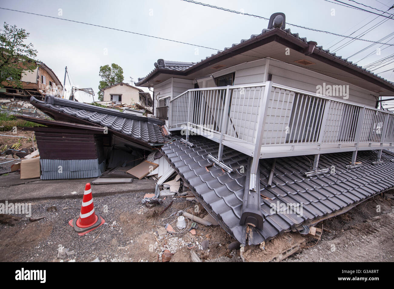 Earthquake aftermath, Collapsed houses, Mashiki, Kumamoto Stock Photo