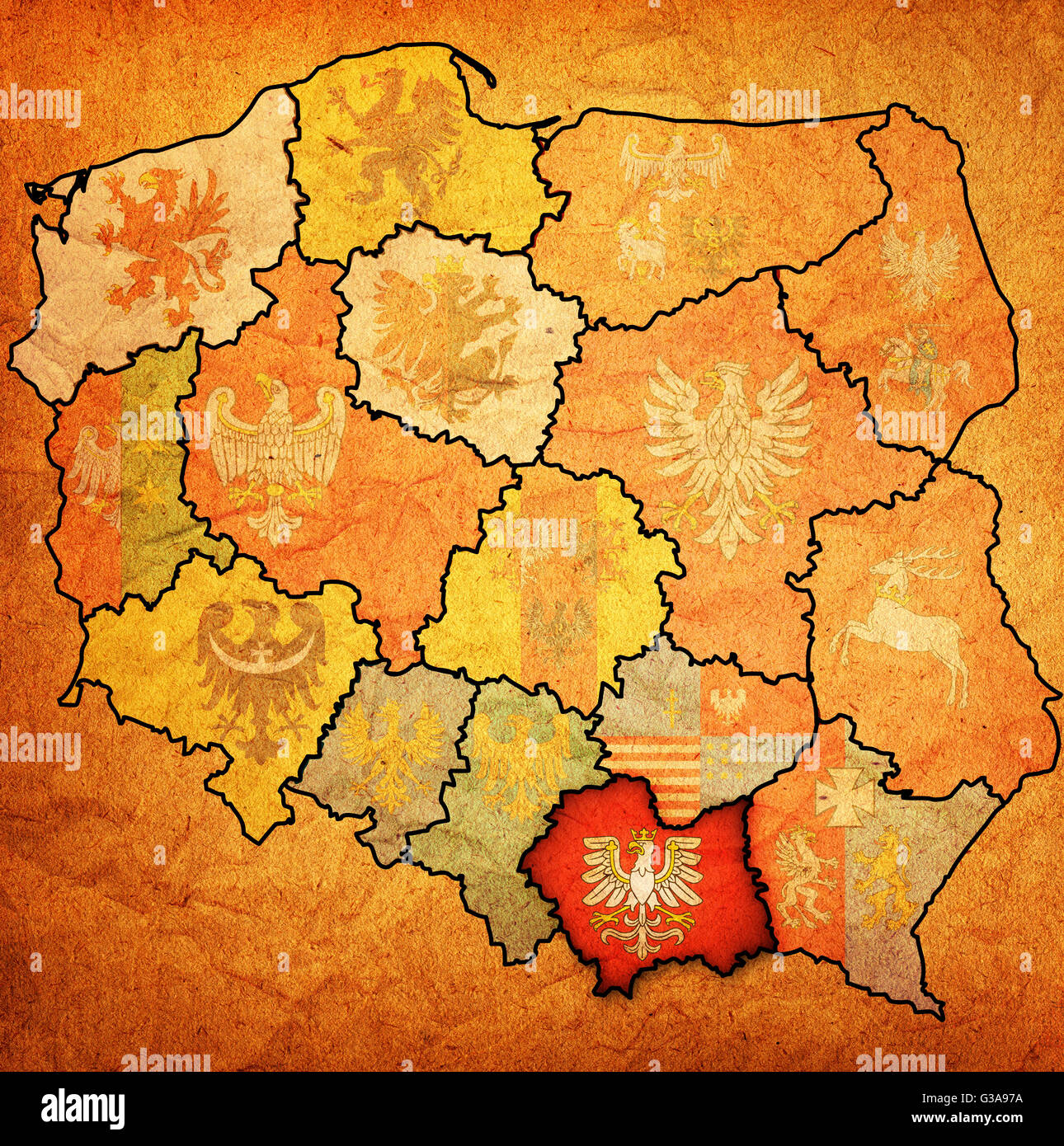 lesser poland region on administration map of poland with flags of