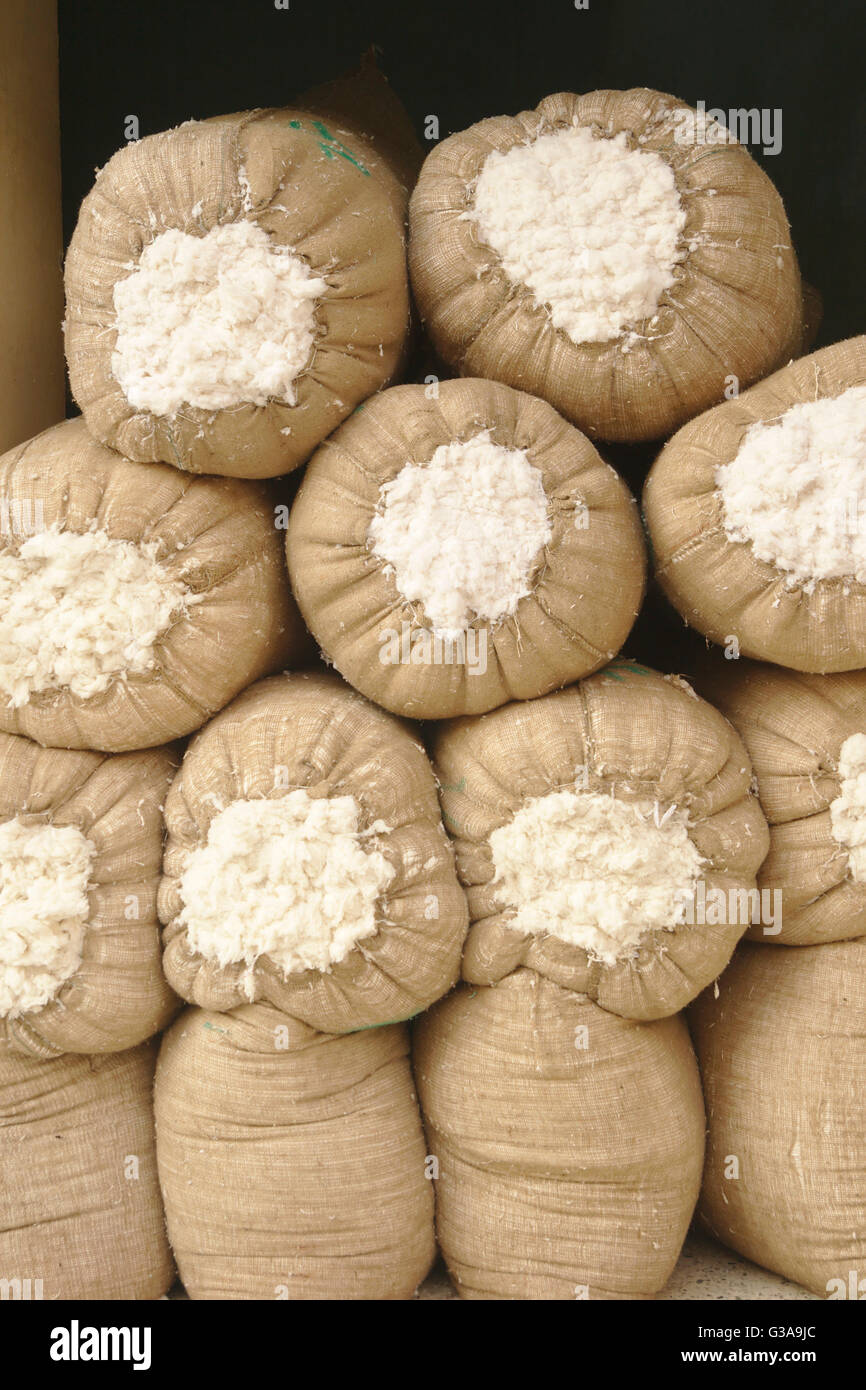 Sacks with cotton in the bazaar of Cairo, Egypt Stock Photo