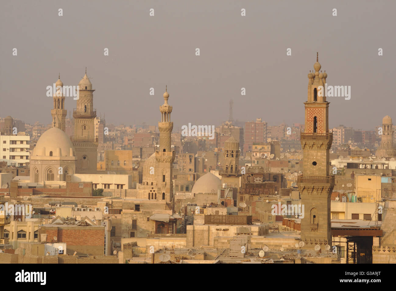 Minarets of Qalawun complex, Barquq complex, Mosque of al-Ashraf Barsbey, al-Ghouri, evening, from minaret Bab Zuweila, Cairo Stock Photo