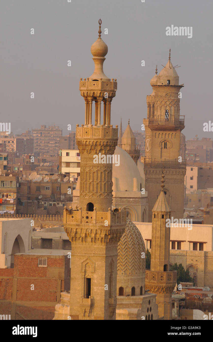 Cairo, Mosque of al-Ashraf Barsbey and Qalawun Complex seen from the minaret of Al-Ghouri, evening Stock Photo